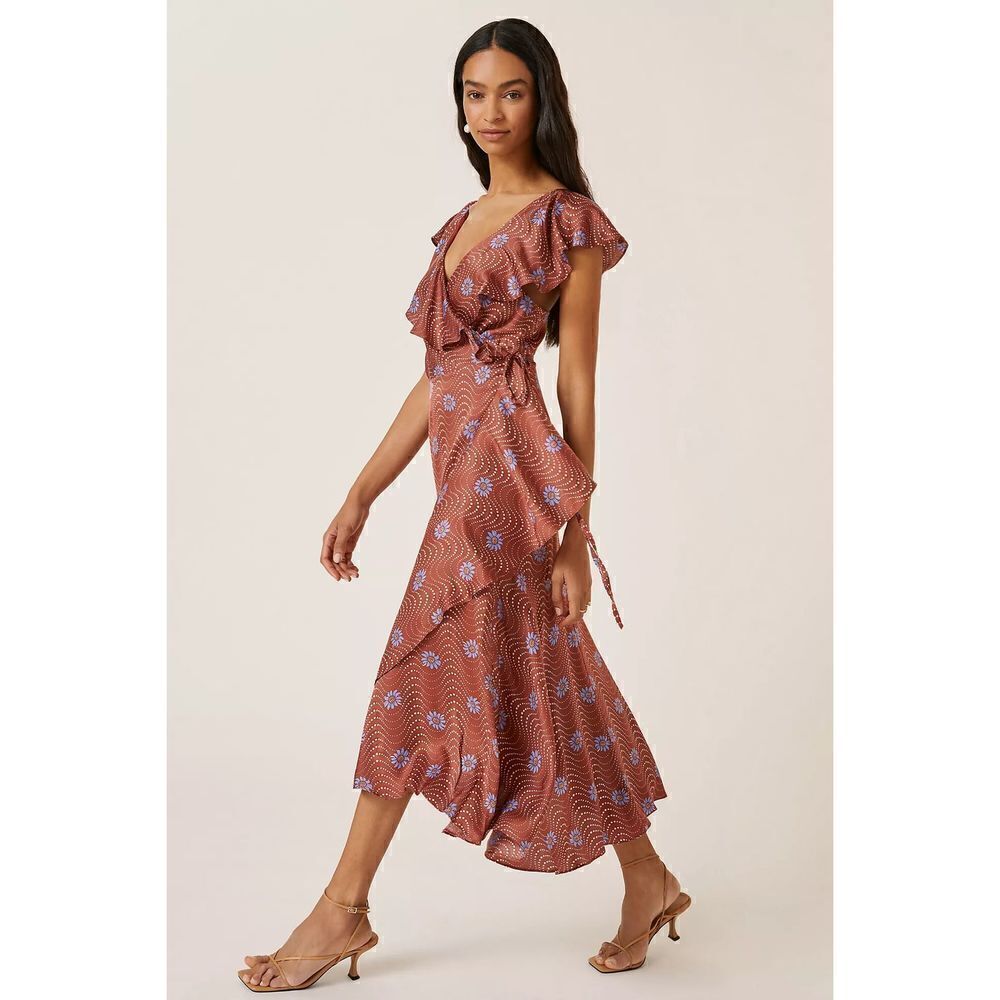 Anthropologie - Ruffle-Sleeve Printed-Wrap Maxi Dress